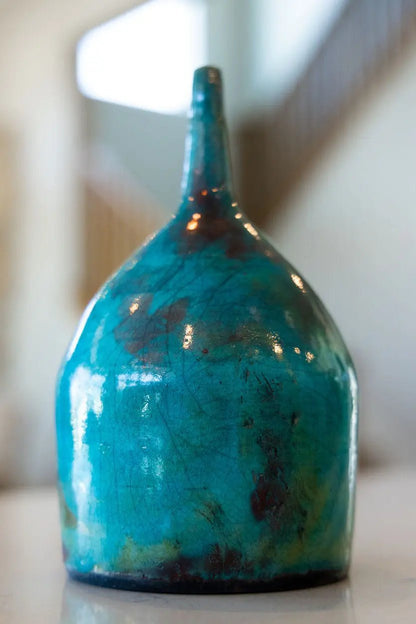 Contemporary Skinny - Neck Pot: Turquoise & Red Copper - Dan Pearce Ceramics