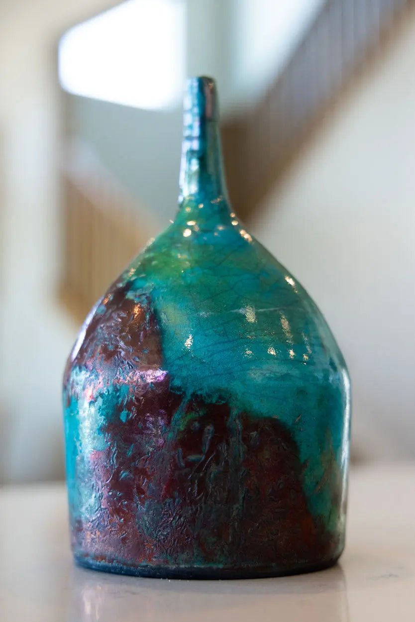 Contemporary Skinny - Neck Pot: Turquoise & Red Copper - Dan Pearce Ceramics