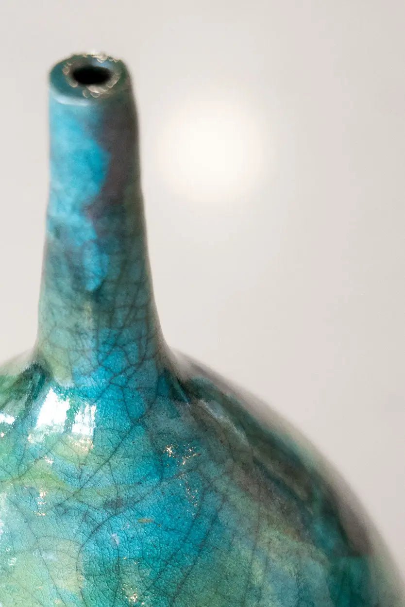 Contemporary Skinny - Neck Pot: Turquoise & Red Copper - Dan Pearce Ceramics