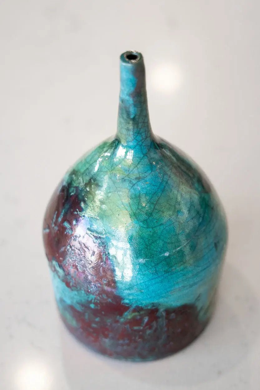 Contemporary Skinny - Neck Pot: Turquoise & Red Copper - Dan Pearce Ceramics