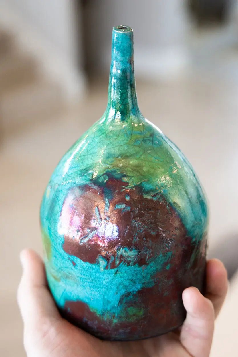 Contemporary Skinny - Neck Pot: Turquoise & Red Copper - Dan Pearce Ceramics