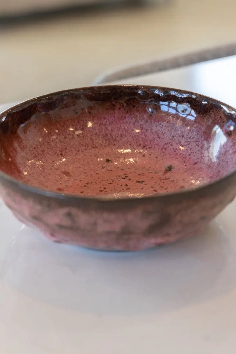 "Happy Accident" Bumpy Pink Schemed Bowl on Dark Clay - Dan Pearce Ceramics