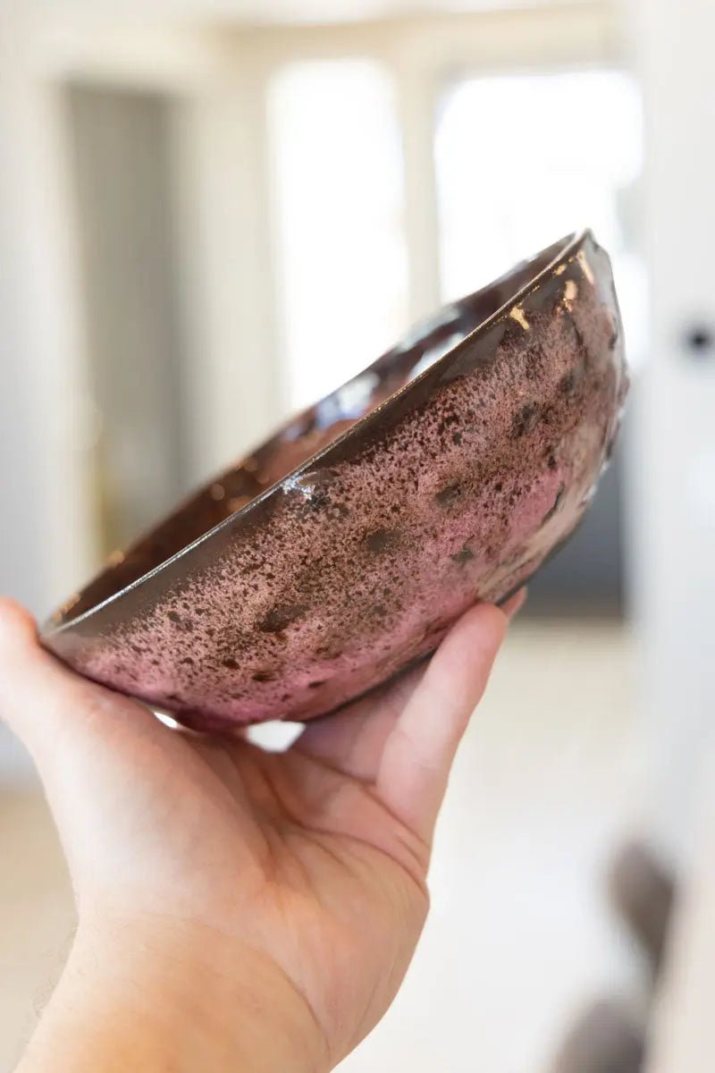 "Happy Accident" Bumpy Pink Schemed Bowl on Dark Clay - Dan Pearce Ceramics