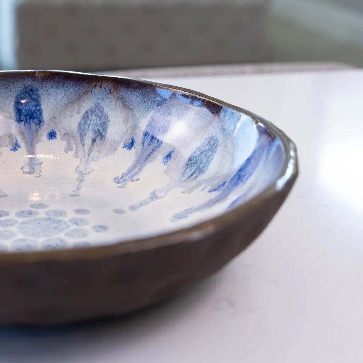 Large Dark Chocolate Stoneware Serving/Decorative Bowl - Blues & Creams (Alchemy Collection) SECONDS - Dan Pearce Ceramics