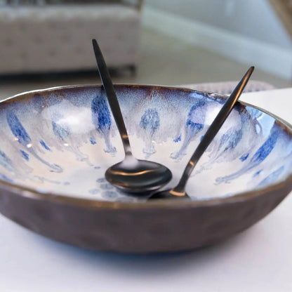 Large Dark Chocolate Stoneware Serving/Decorative Bowl - Blues & Creams (Alchemy Collection) SECONDS - Dan Pearce Ceramics