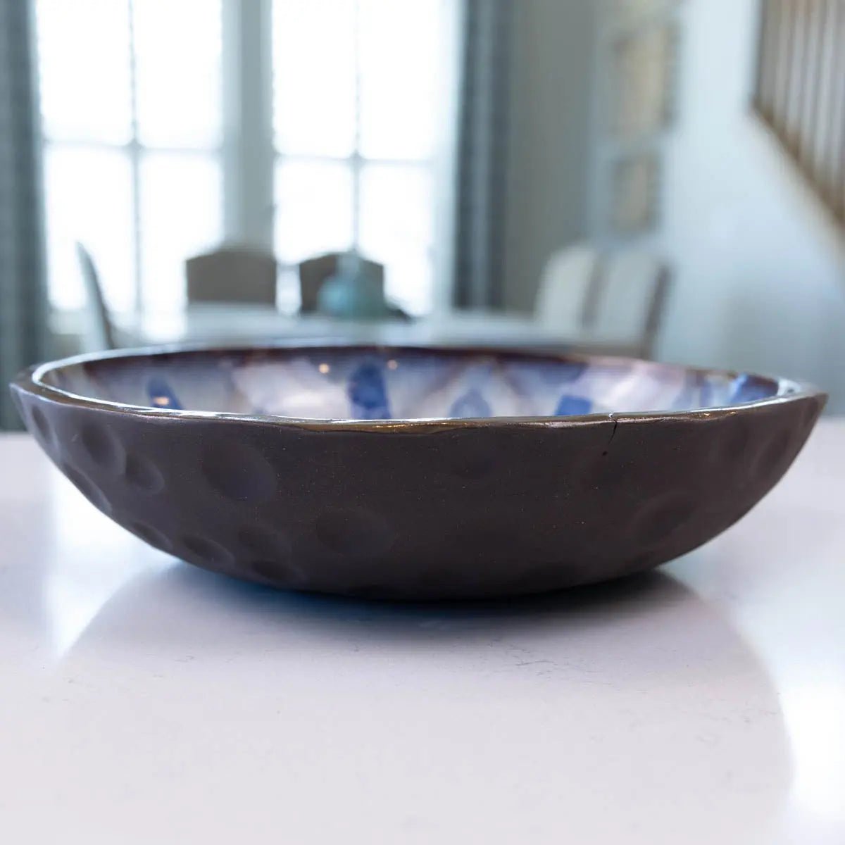 Large Dark Chocolate Stoneware Serving/Decorative Bowl - Blues & Creams (Alchemy Collection) SECONDS - Dan Pearce Ceramics