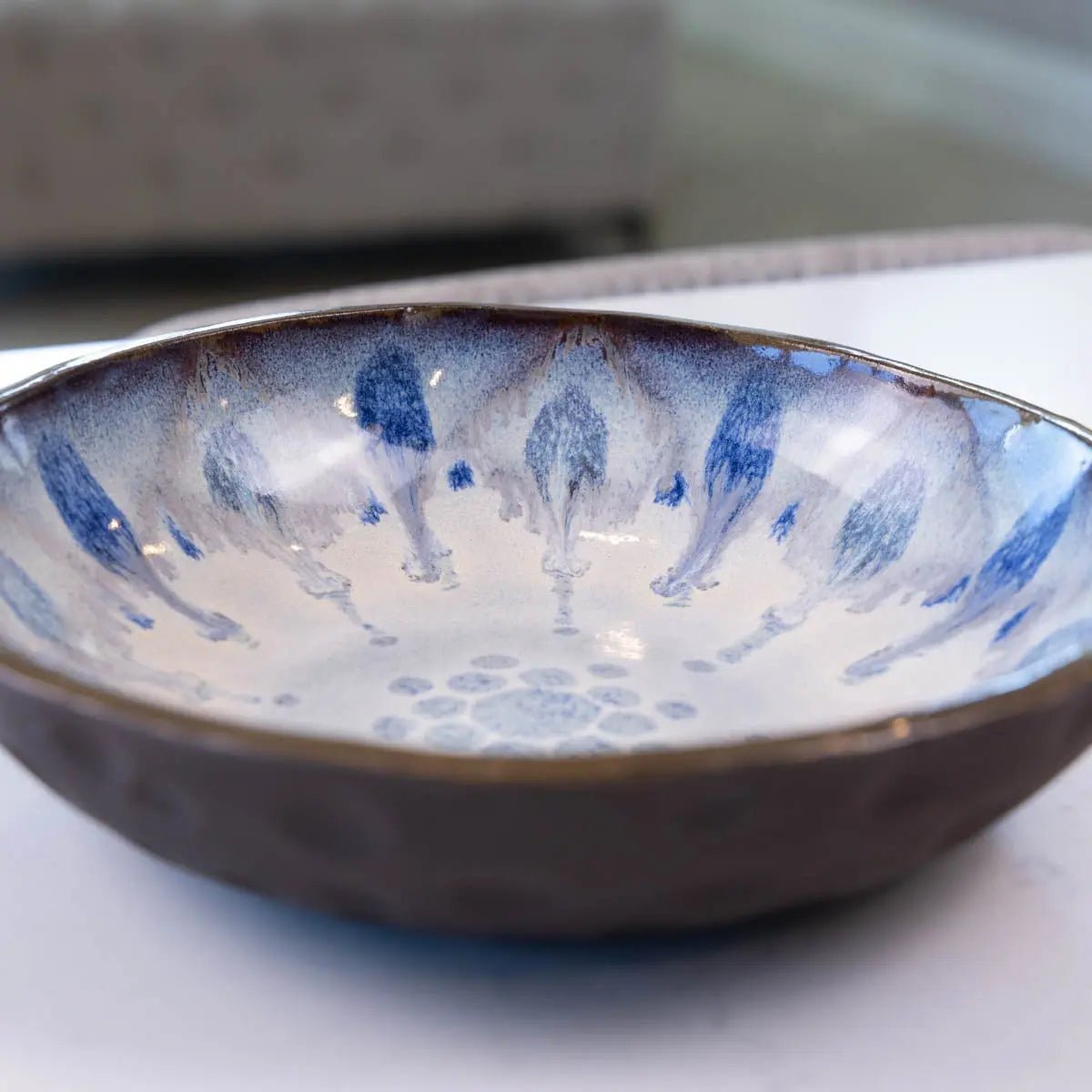 Large Dark Chocolate Stoneware Serving/Decorative Bowl - Blues & Creams (Alchemy Collection) SECONDS - Dan Pearce Ceramics