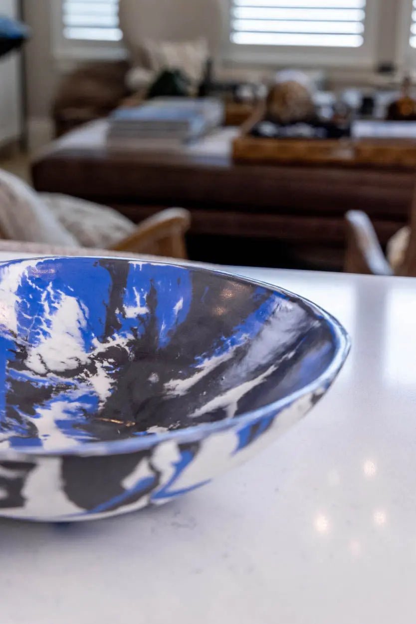 Large Porcelain Abstract Nerikomi Bowl/Platter (Blue, White & Black Series) - Dan Pearce Ceramics