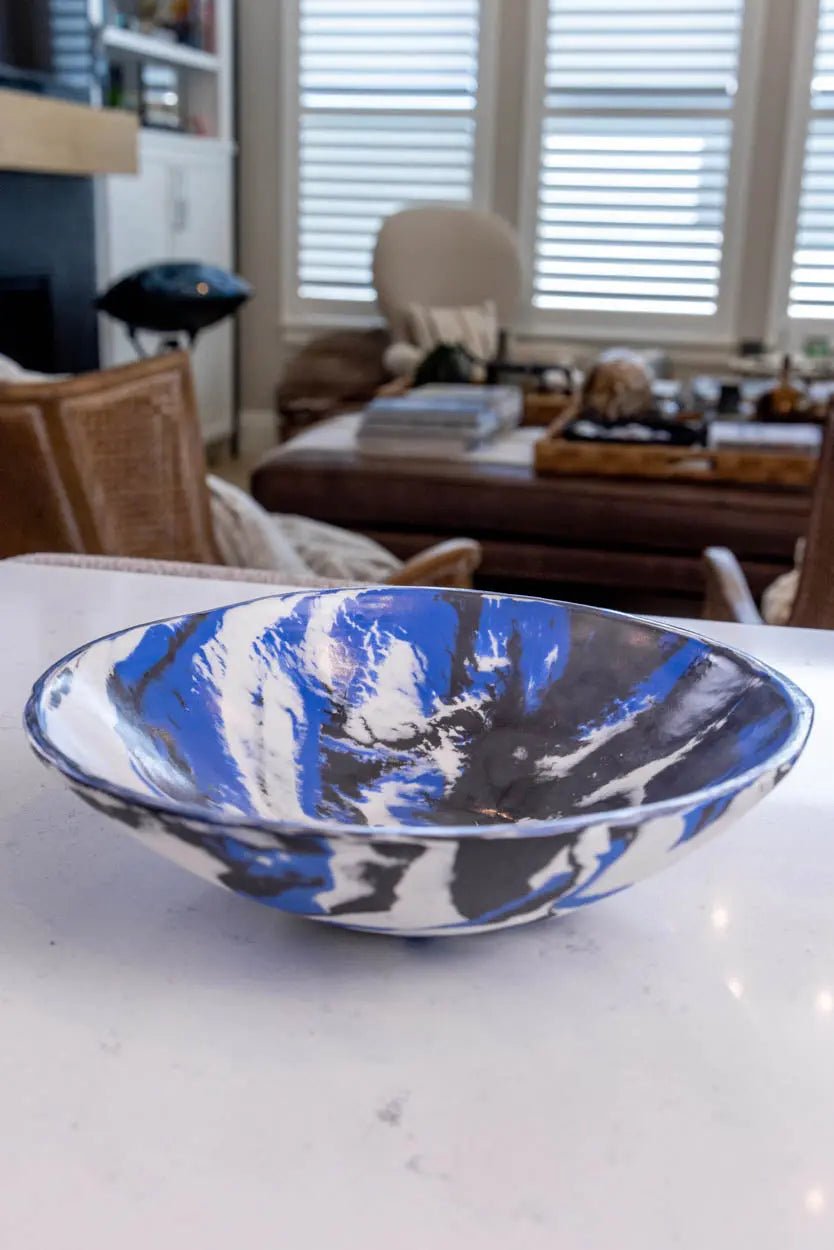 Large Porcelain Abstract Nerikomi Bowl/Platter (Blue, White & Black Series) - Dan Pearce Ceramics