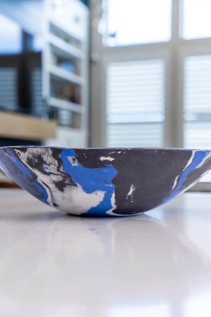 Large Porcelain Abstract Nerikomi Bowl/Platter (Blue, White & Black Series) - Dan Pearce Ceramics