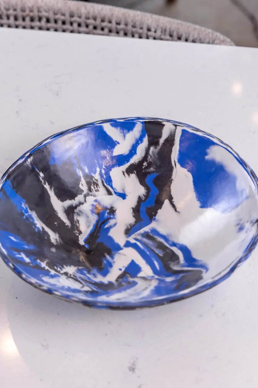 Large Porcelain Abstract Nerikomi Bowl/Platter (Blue, White & Black Series) - Dan Pearce Ceramics