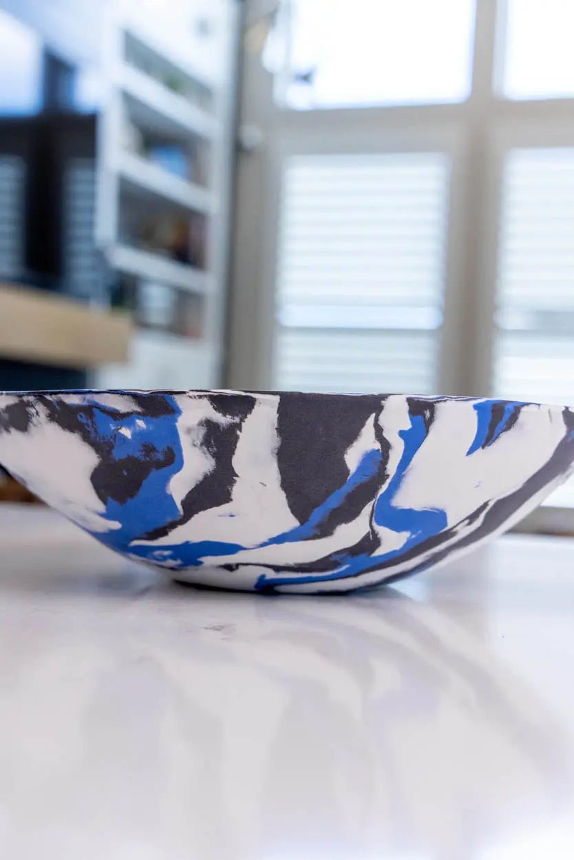 Large Porcelain Abstract Nerikomi Bowl/Platter (Blue, White & Black Series) - Dan Pearce Ceramics