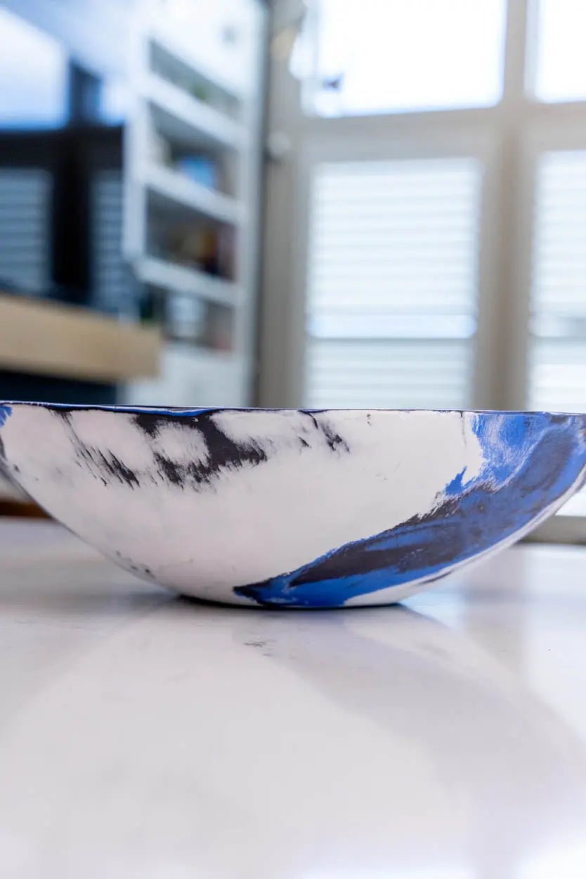 Large Porcelain Abstract Nerikomi Bowl/Platter (Blue, White & Black Series) - Dan Pearce Ceramics