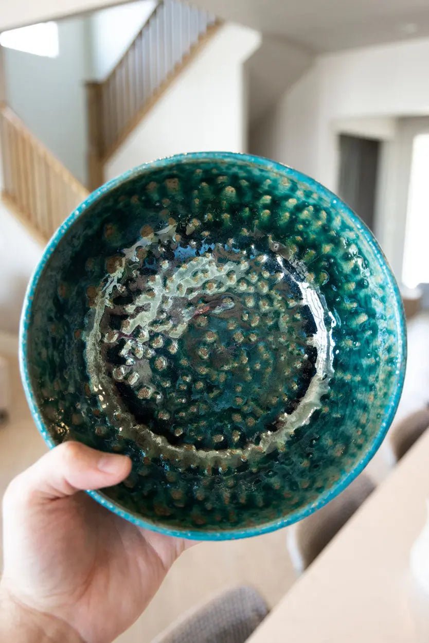 Large Raku Bowl: Turquoise, Tans, Gold Shimmer - Dan Pearce Ceramics