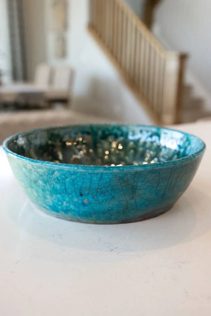 Large Raku Bowl: Turquoise, Tans, Gold Shimmer - Dan Pearce Ceramics