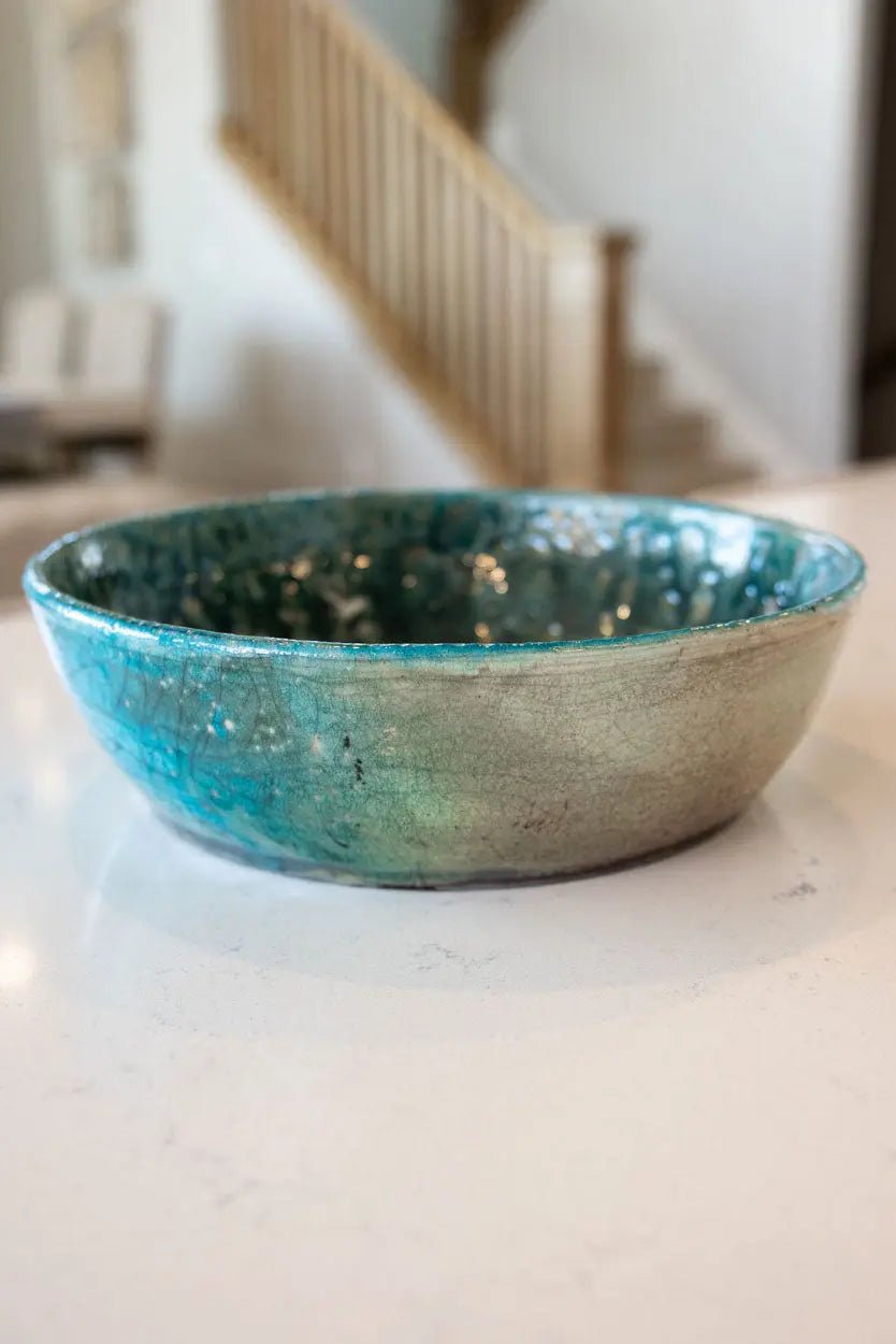 Large Raku Bowl: Turquoise, Tans, Gold Shimmer - Dan Pearce Ceramics