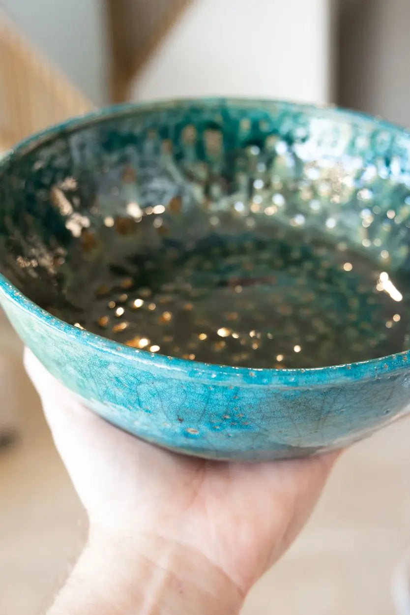 Large Raku Bowl: Turquoise, Tans, Gold Shimmer - Dan Pearce Ceramics