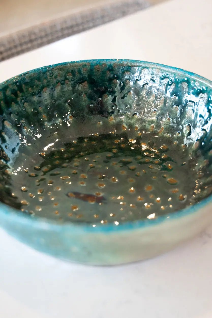 Large Raku Bowl: Turquoise, Tans, Gold Shimmer - Dan Pearce Ceramics