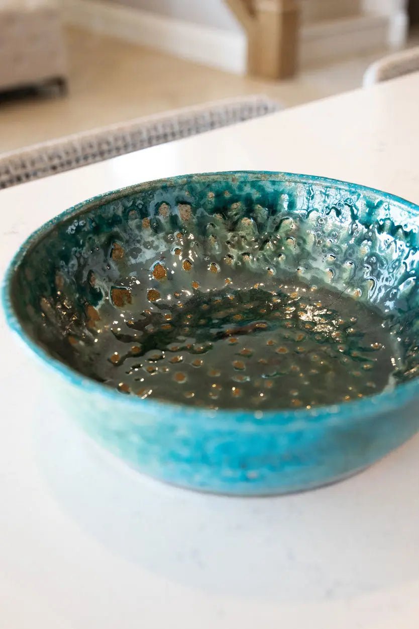 Large Raku Bowl: Turquoise, Tans, Gold Shimmer - Dan Pearce Ceramics