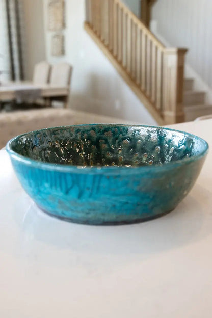 Large Raku Bowl: Turquoise, Tans, Gold Shimmer - Dan Pearce Ceramics