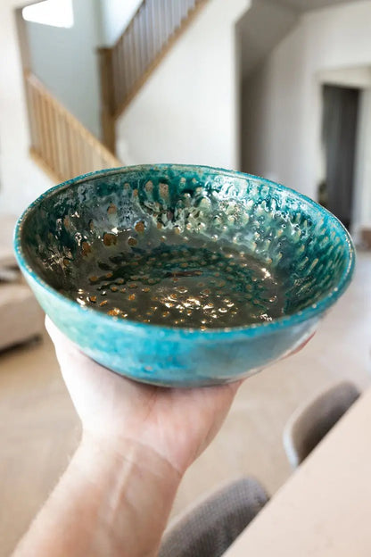 Large Raku Bowl: Turquoise, Tans, Gold Shimmer - Dan Pearce Ceramics