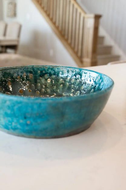 Large Raku Bowl: Turquoise, Tans, Gold Shimmer - Dan Pearce Ceramics