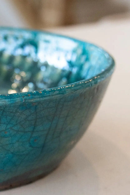 Large Raku Bowl: Turquoise, Tans, Gold Shimmer - Dan Pearce Ceramics