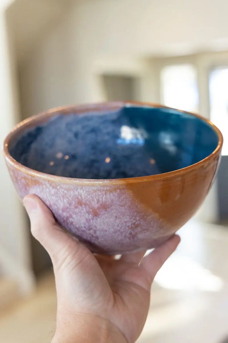 Large Serving Bowl - Two Toned with Creamy Splash (Cinnamons & Dark Teals) - Dan Pearce Ceramics