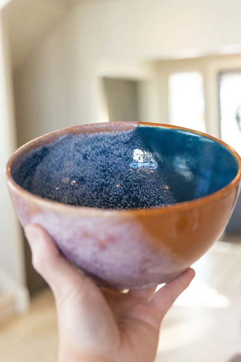 Large Serving Bowl - Two Toned with Creamy Splash (Cinnamons & Dark Teals) - Dan Pearce Ceramics