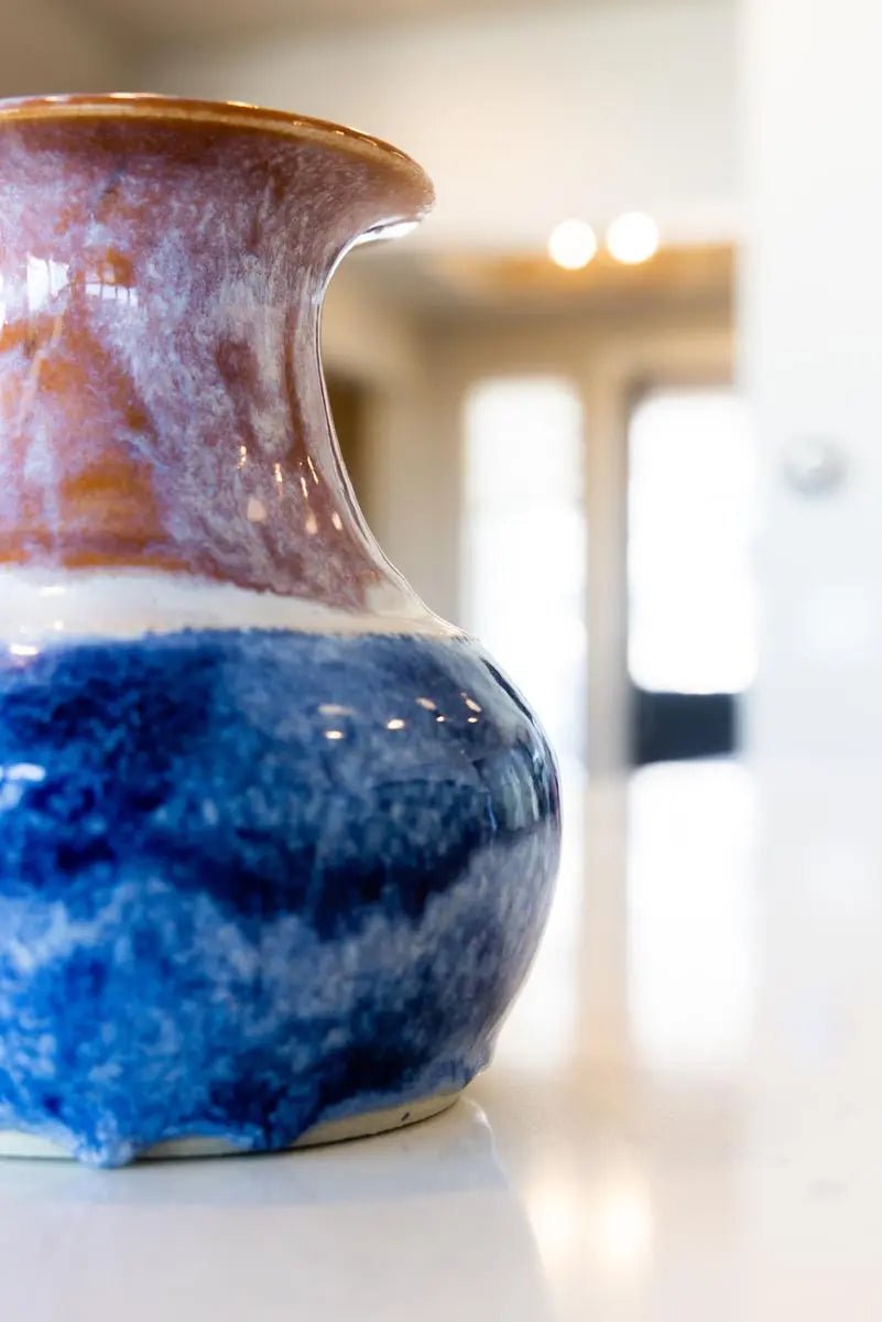 Large Tri - Toned Decorative Stoneware Vase (Cinnamon, Cobalt, & White) - Dan Pearce Ceramics