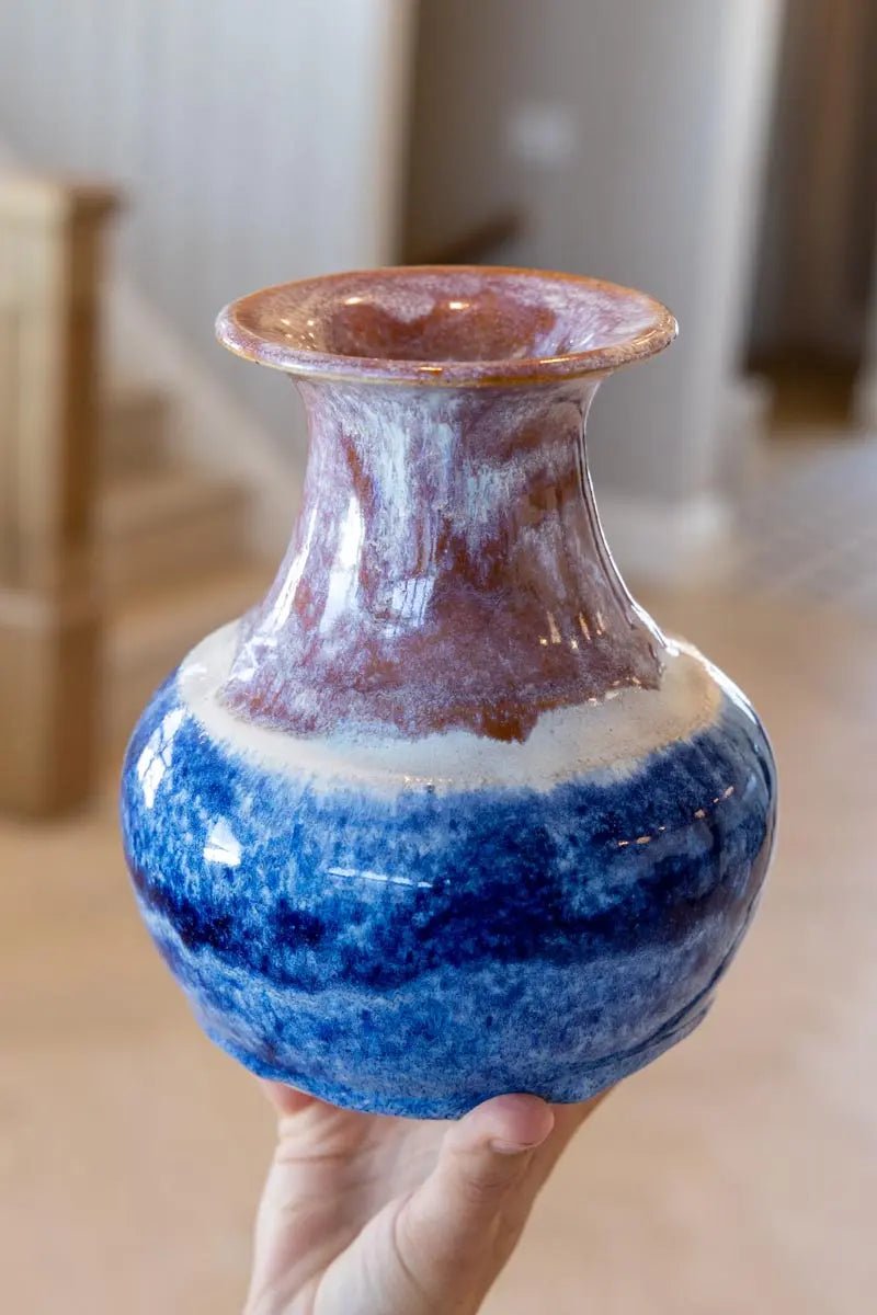 Large Tri - Toned Decorative Stoneware Vase (Cinnamon, Cobalt, & White) - Dan Pearce Ceramics