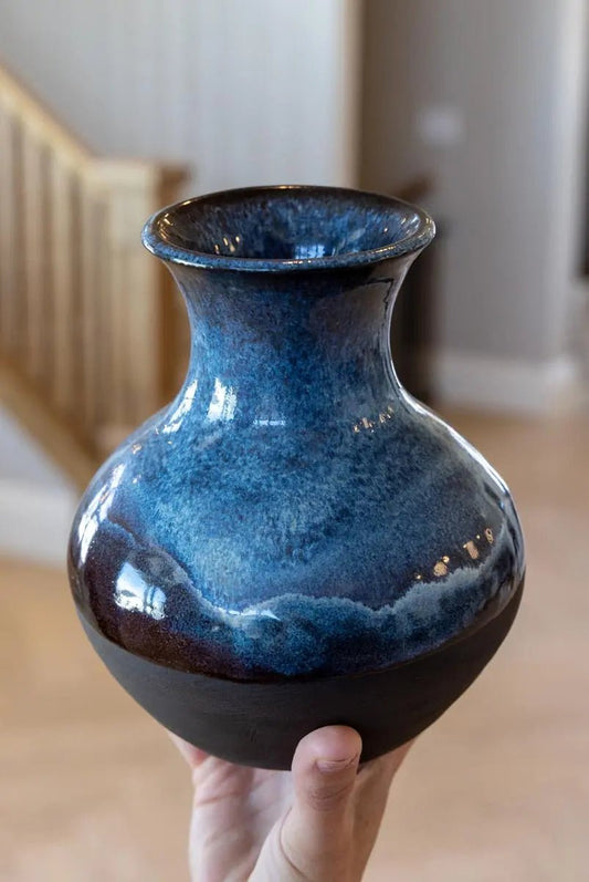 Medium Large Decorative Stoneware Pot (Dark Chocolate & Cascading Blues) - Dan Pearce Ceramics