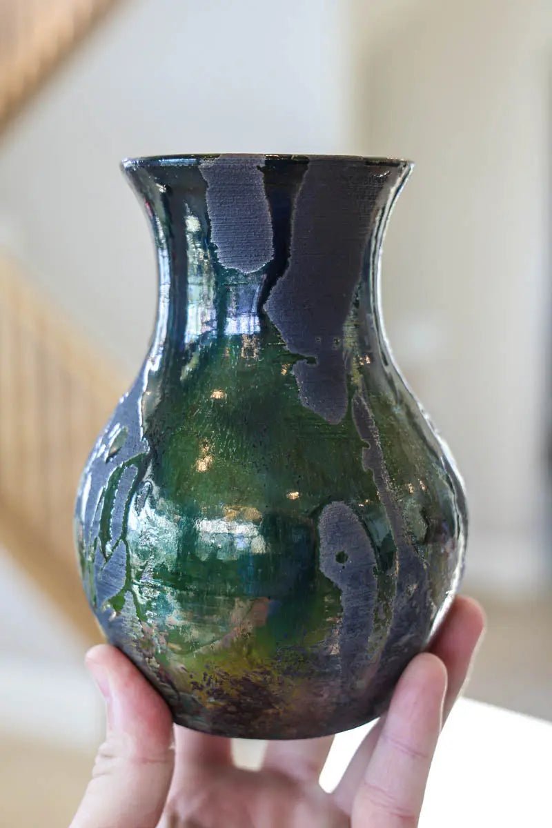 Medium - Large Raku - Fired Decorative Pot (Blacks, Greens, & Coppers) - Dan Pearce Ceramics