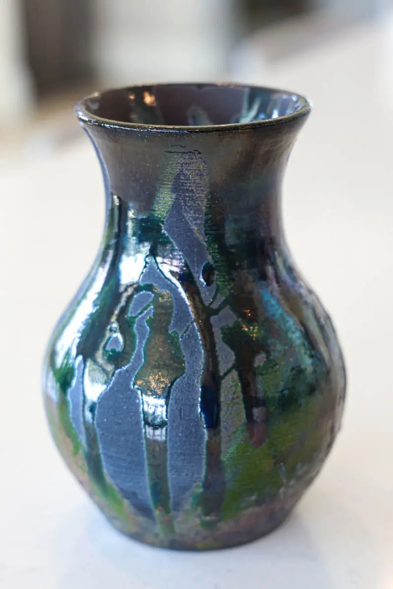 Medium - Large Raku - Fired Decorative Pot (Blacks, Greens, & Coppers) - Dan Pearce Ceramics