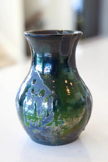 Medium - Large Raku - Fired Decorative Pot (Blacks, Greens, & Coppers) - Dan Pearce Ceramics