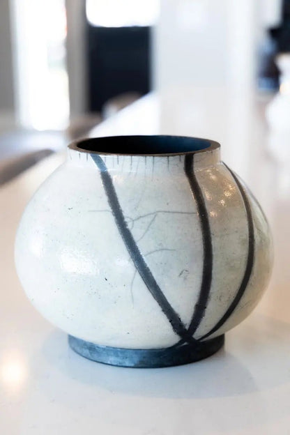 Medium RAKU Decorative Crackled Pot (Pinkish White & Carbon Black) - Dan Pearce Ceramics