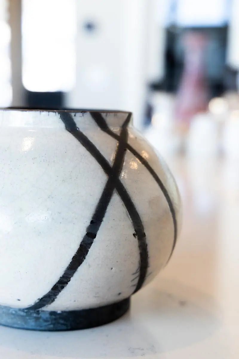 Medium RAKU Decorative Crackled Pot (Pinkish White & Carbon Black) - Dan Pearce Ceramics