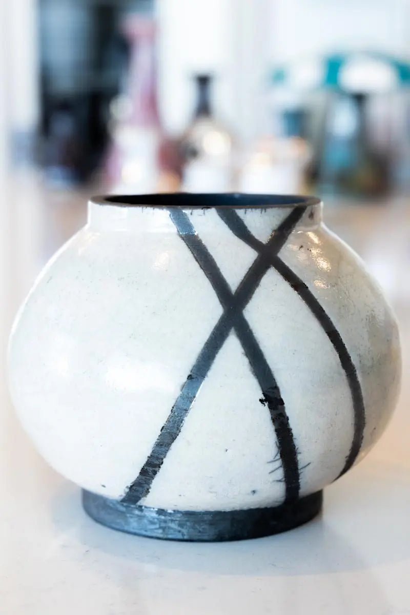 Medium RAKU Decorative Crackled Pot (Pinkish White & Carbon Black) - Dan Pearce Ceramics