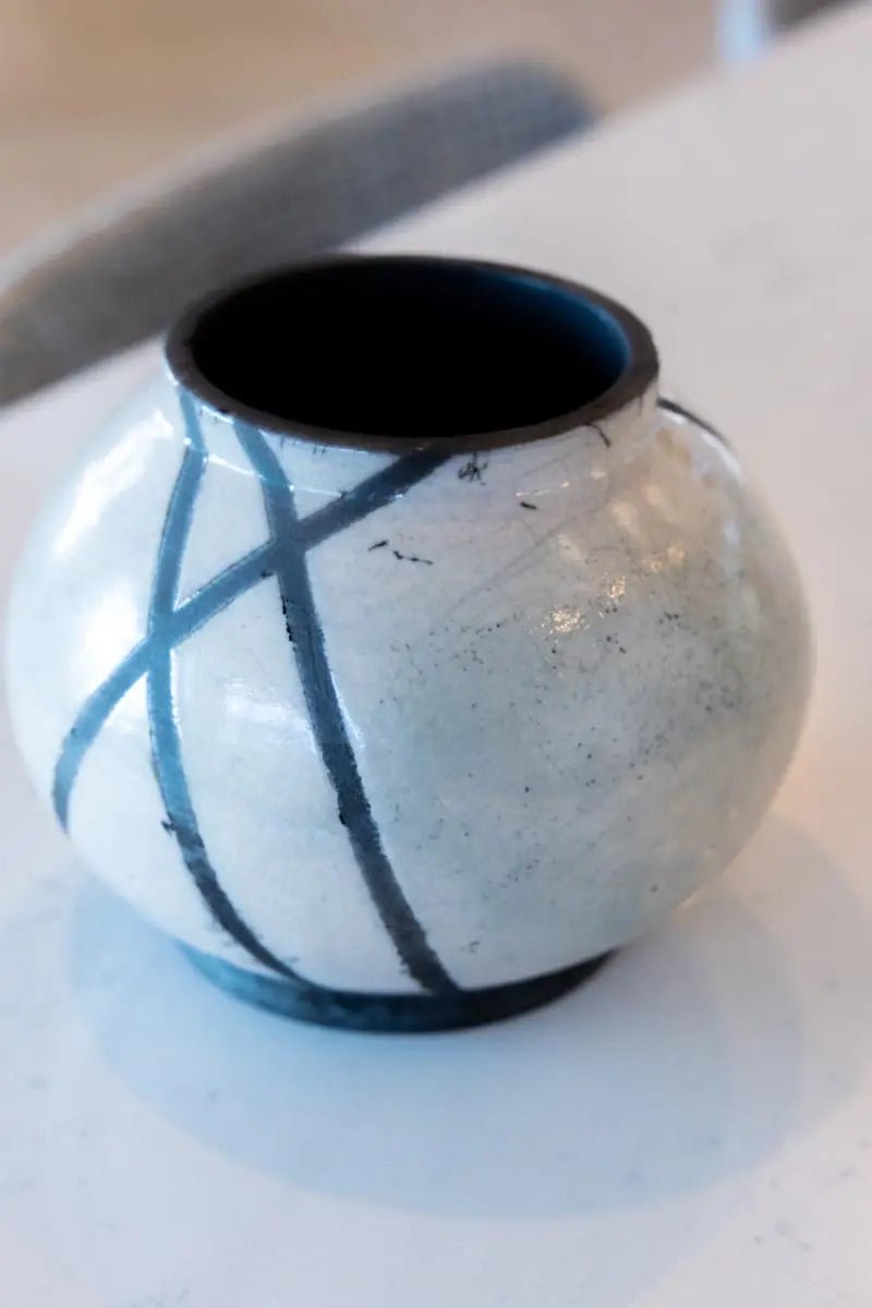 Medium RAKU Decorative Crackled Pot (Pinkish White & Carbon Black) - Dan Pearce Ceramics