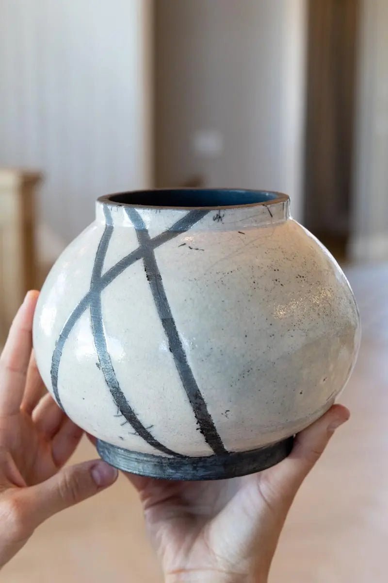 Medium RAKU Decorative Crackled Pot (Pinkish White & Carbon Black) - Dan Pearce Ceramics