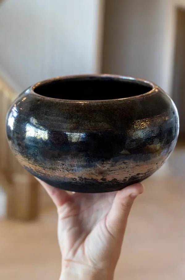 Medium RAKU Decorative Orange & Black Carbon Pot - Dan Pearce Ceramics