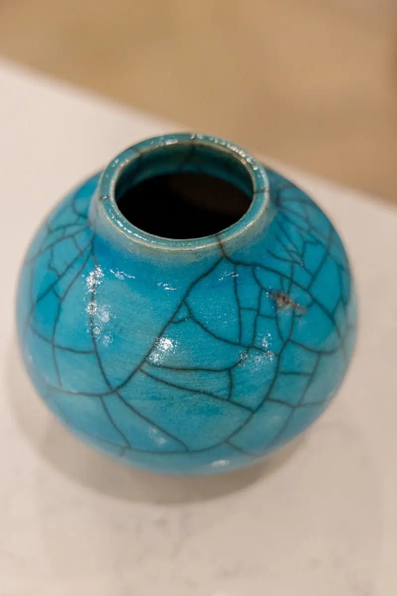 Medium - Small Raku Pottery Decorative Pot (Large Crackle Turquoise) - Dan Pearce Ceramics