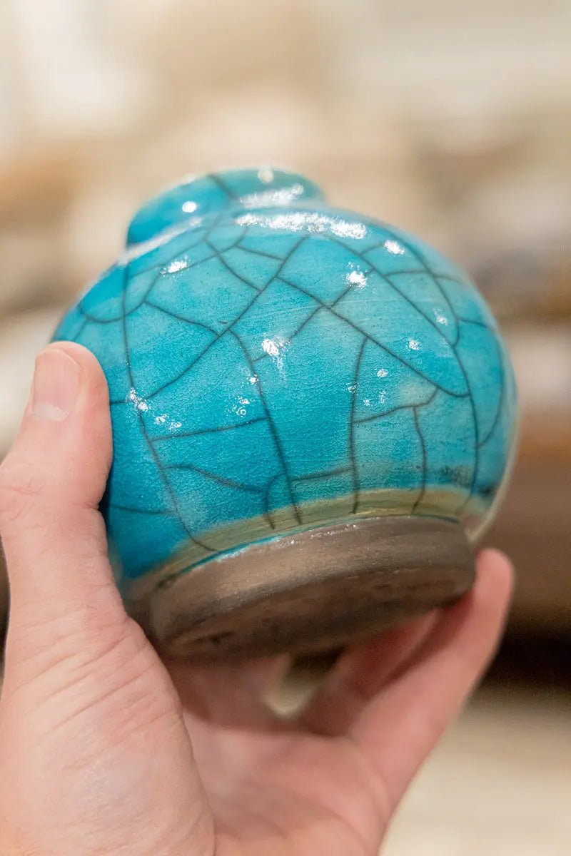 Medium - Small Raku Pottery Decorative Pot (Large Crackle Turquoise) - Dan Pearce Ceramics