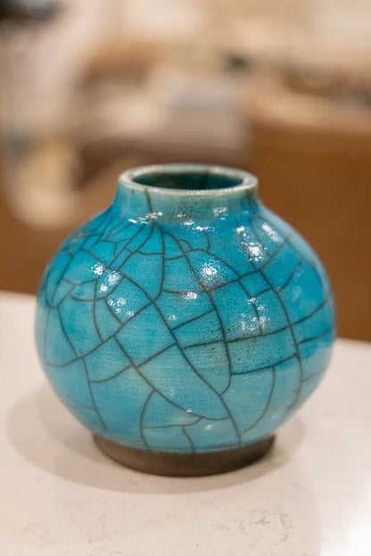 Medium - Small Raku Pottery Decorative Pot (Large Crackle Turquoise) - Dan Pearce Ceramics