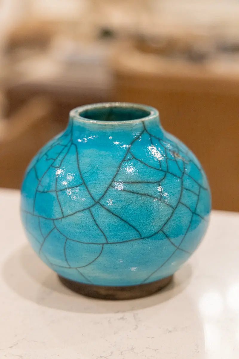 Medium - Small Raku Pottery Decorative Pot (Large Crackle Turquoise) - Dan Pearce Ceramics