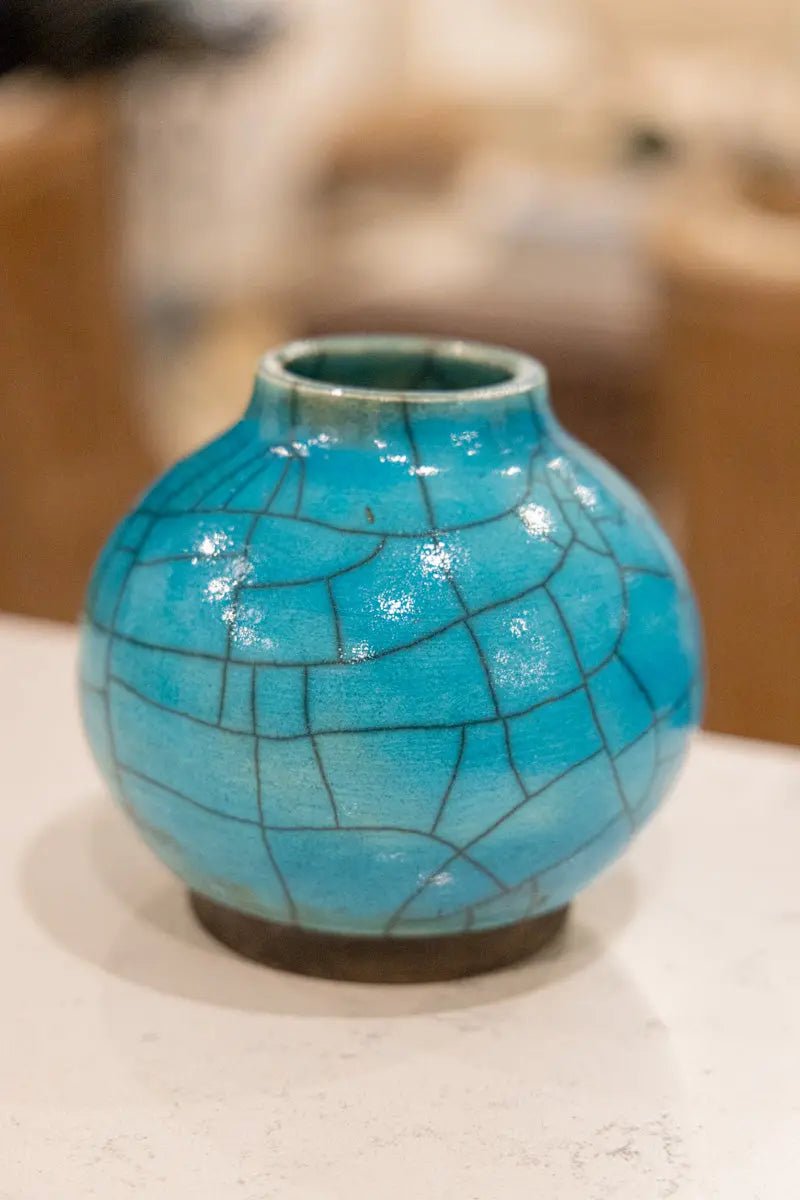 Medium - Small Raku Pottery Decorative Pot (Large Crackle Turquoise) - Dan Pearce Ceramics