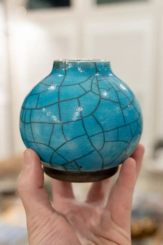 Medium - Small Raku Pottery Decorative Pot (Large Crackle Turquoise) - Dan Pearce Ceramics