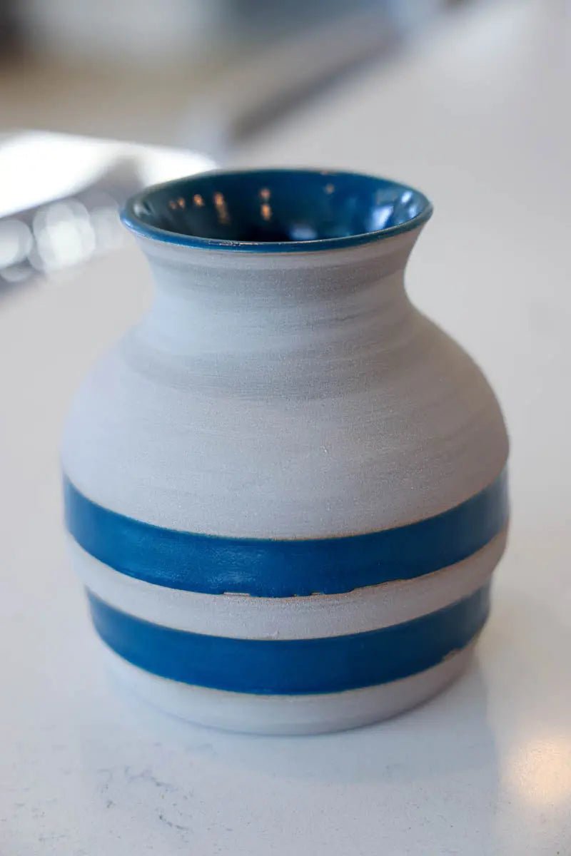 Medium/Large Striped Cement - Style Pot (Navy Blue Stripes) - Dan Pearce Ceramics