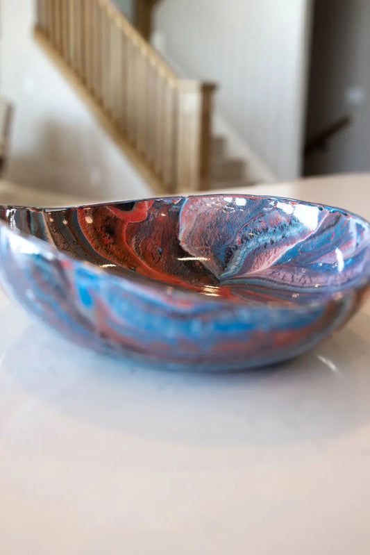 Modern Marbled Decorative Bowl: Porcelain Multi - Colored Reds, Blues, Whites - Dan Pearce Ceramics