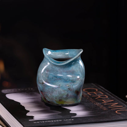 Pot #08 - Small Manipulated RAKU Pot (Crackled Turquoises & Coppers) - Dan Pearce Ceramics